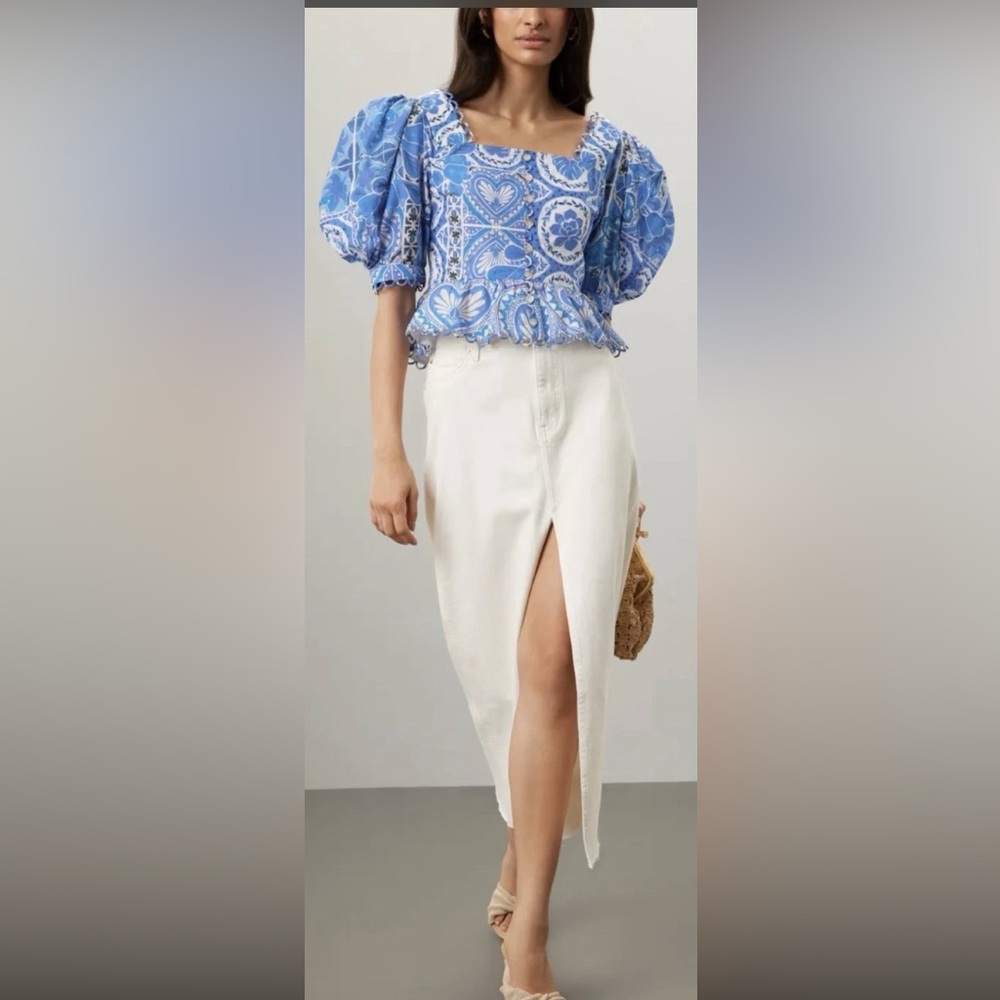 Farm Rio Blue Tile Dream Short Sleeve Blouse Women Size X-Large NEW